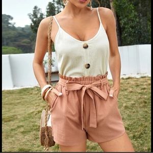 Button Front Cami Top & Paper Bag Waist Belted Shorts